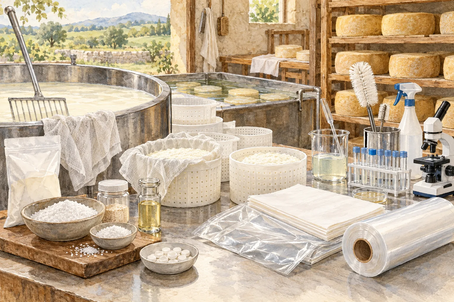 Watercolor illustration of cheese production inputs.