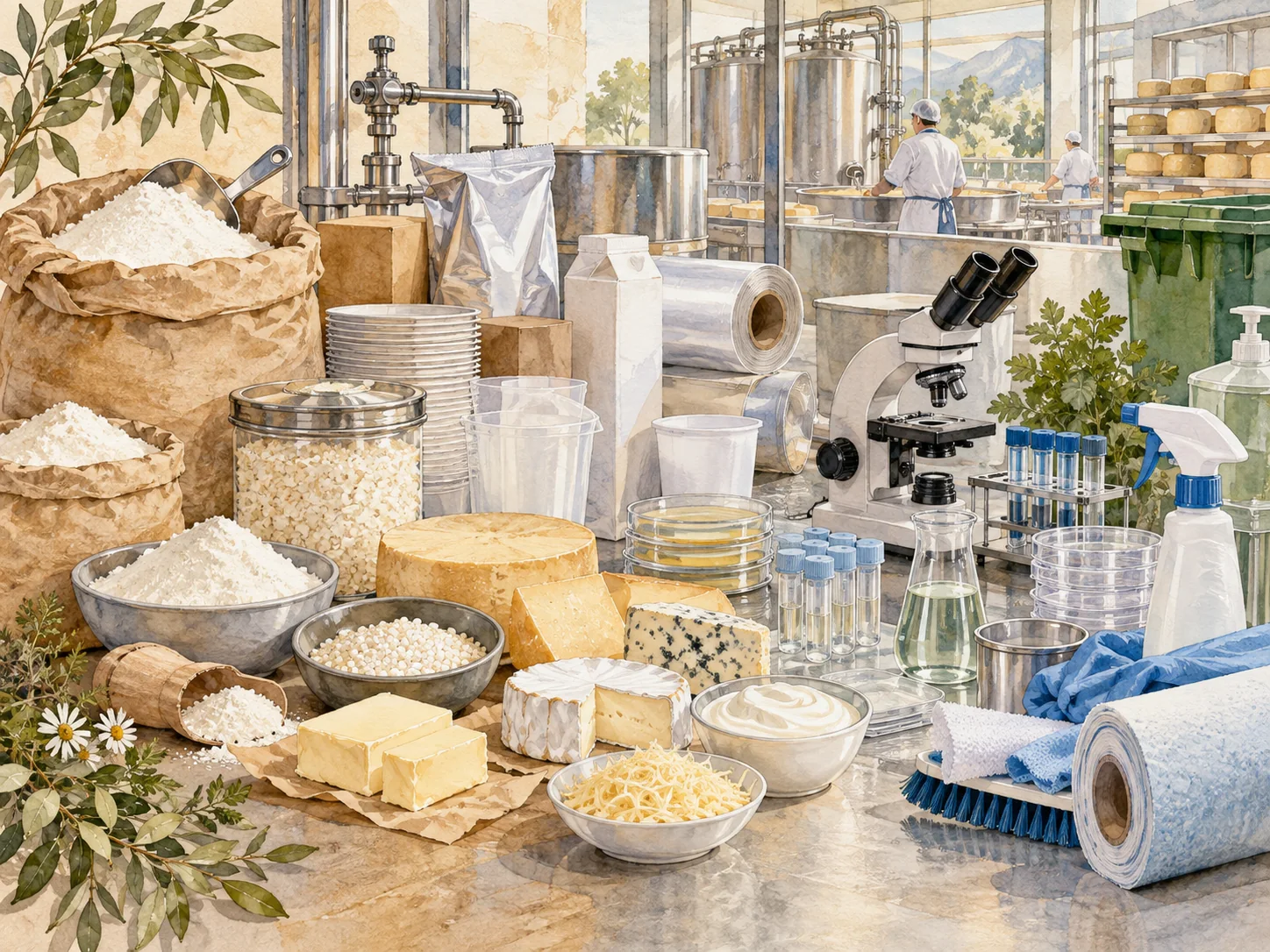 Watercolor illustration of multi-product dairy inputs.