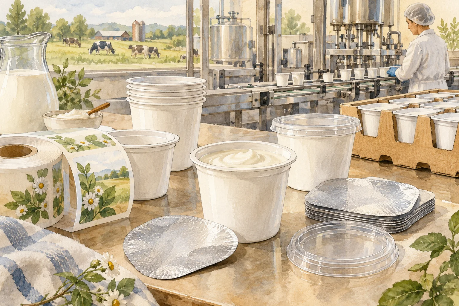 Watercolor illustration of yoghurt cup packaging.