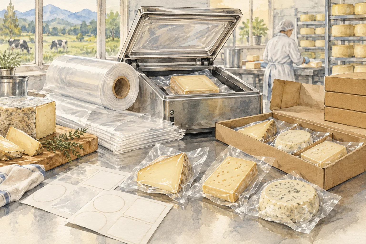 Watercolor illustration of cheese vacuum packaging.