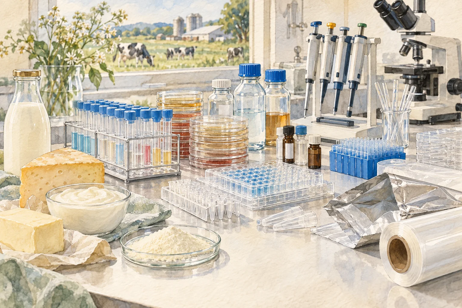 Watercolor illustration of dairy quality laboratory consumables.