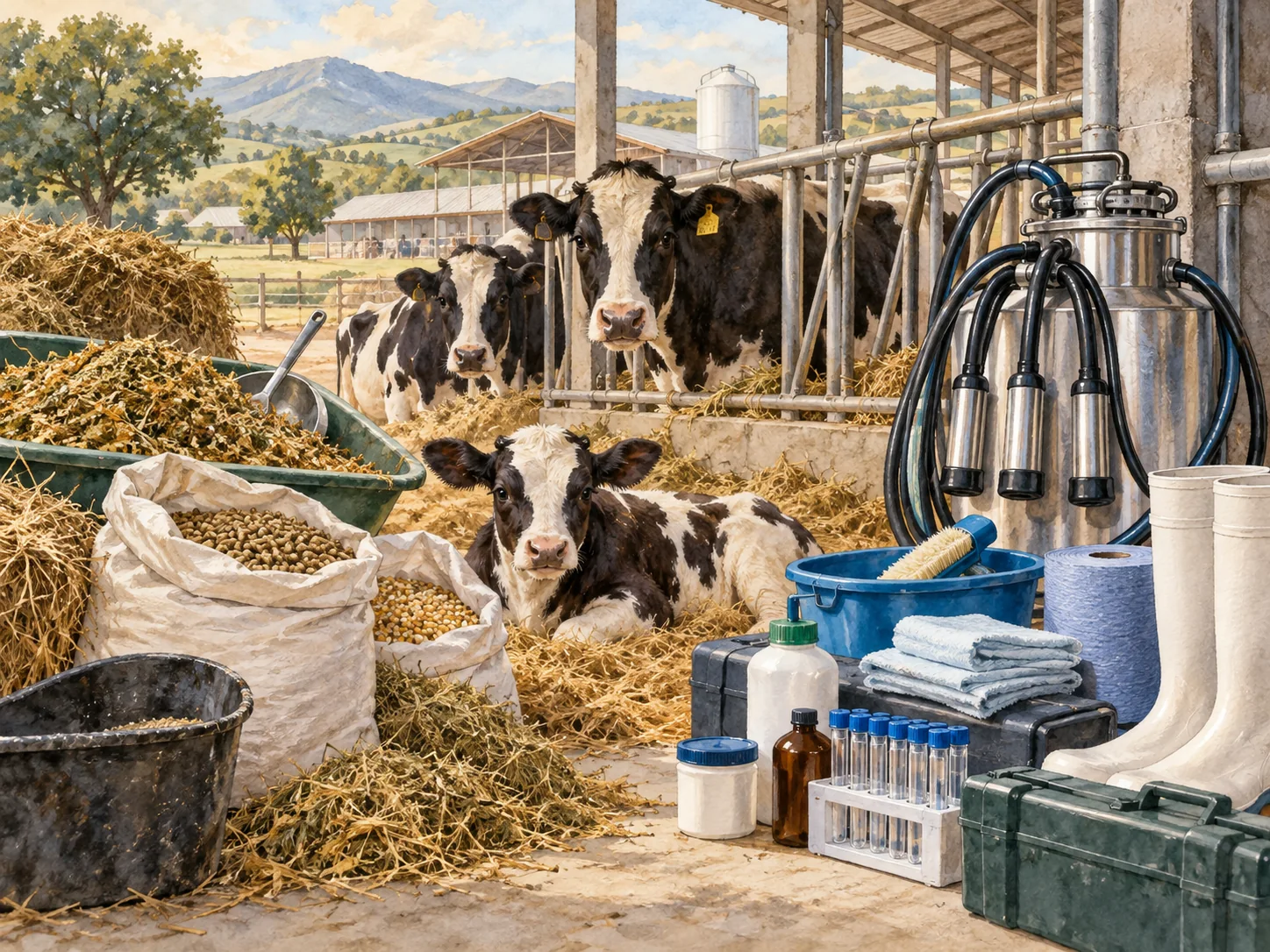Watercolor illustration of farm startup inputs.
