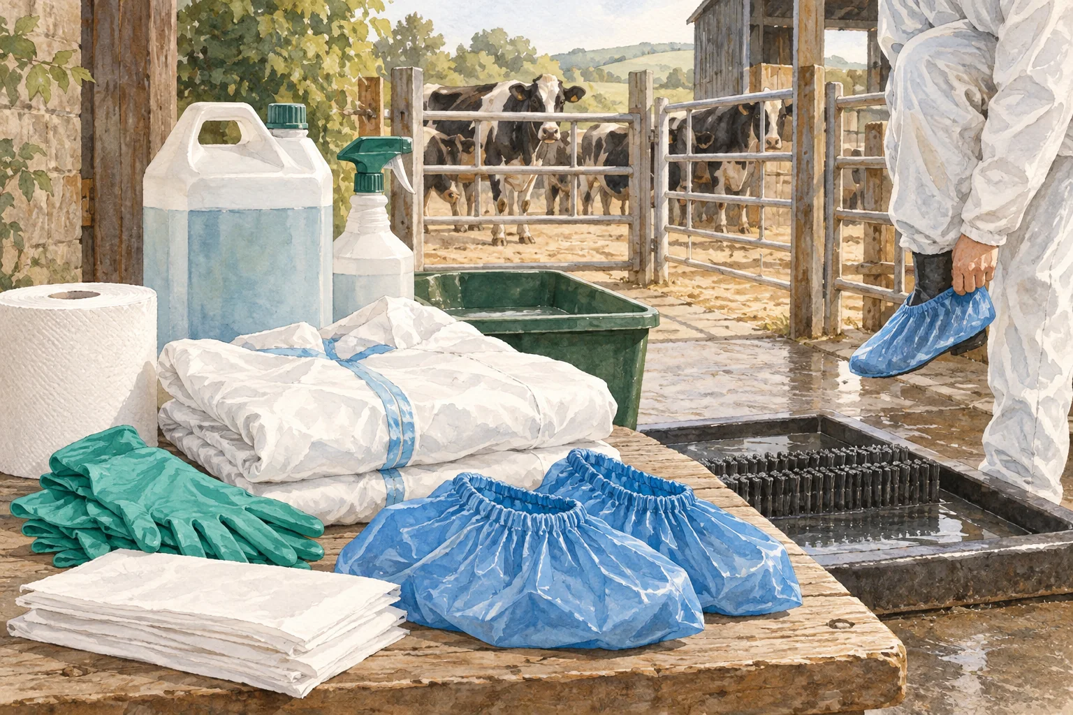 Watercolor illustration of farm biosecurity consumables.
