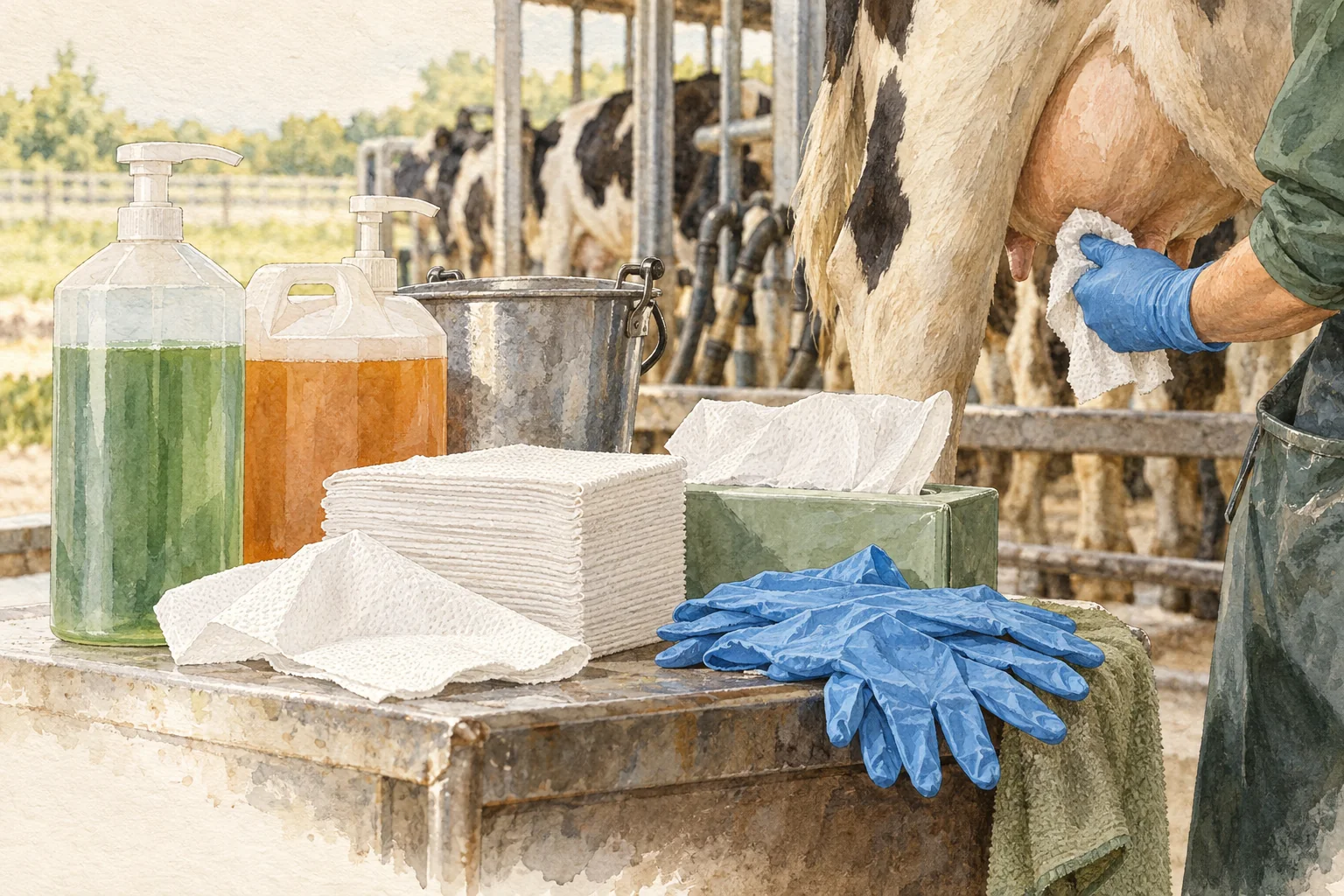 Watercolor illustration of milking hygiene consumables.
