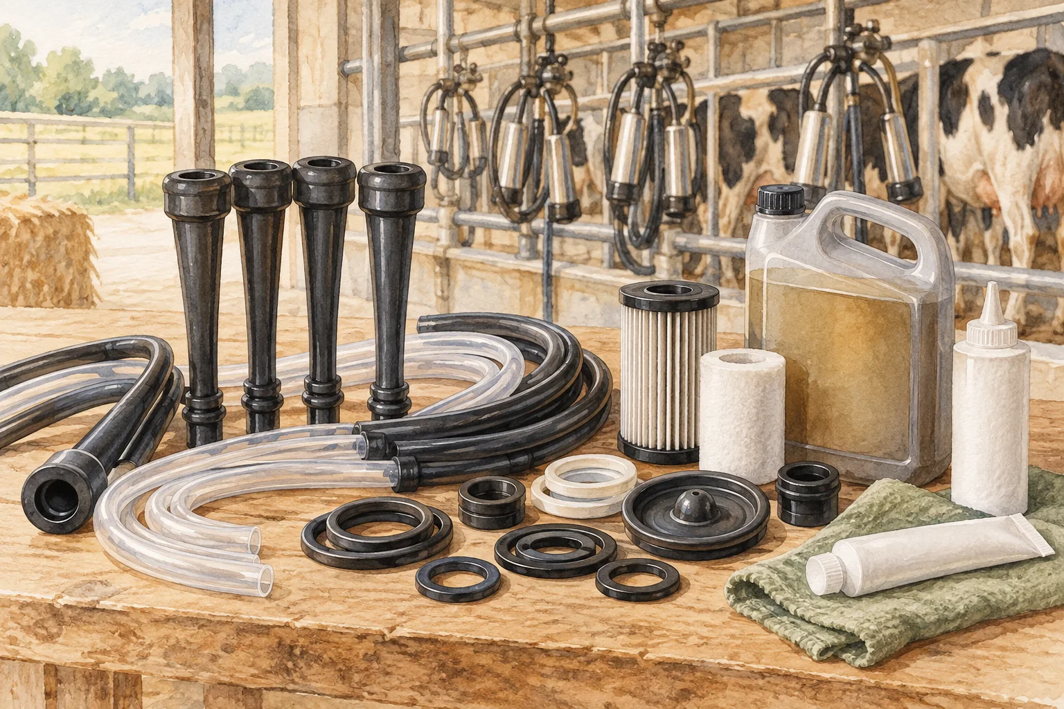 Watercolor illustration of milking maintenance consumables.