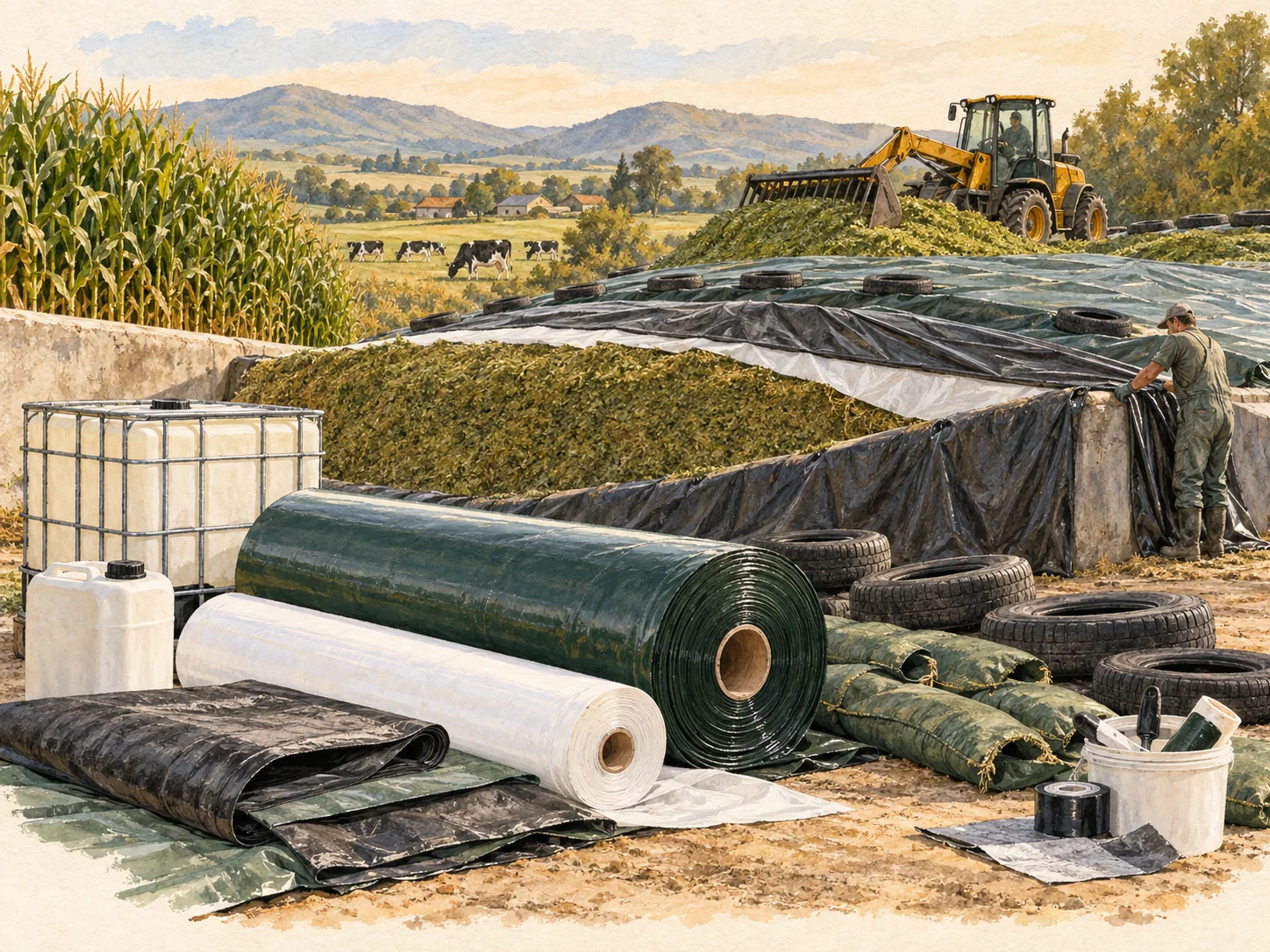 Watercolor illustration of silage production inputs.