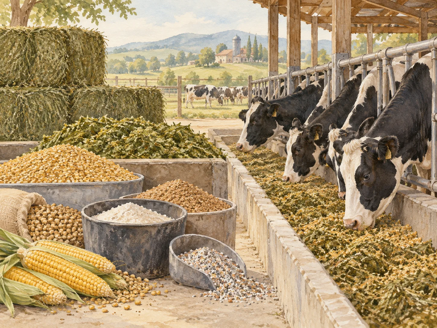 Watercolor illustration of lactating cow feed.