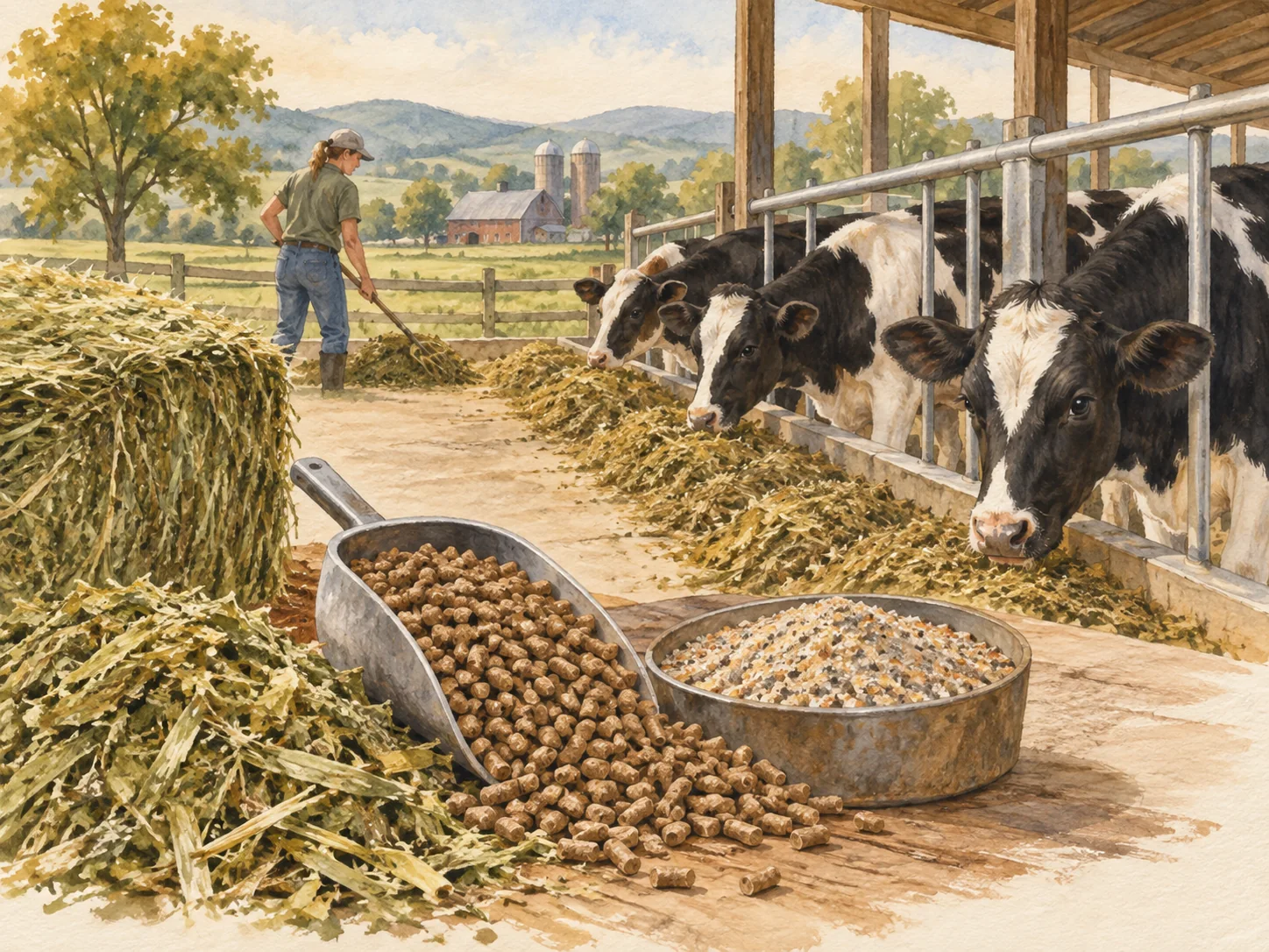 Watercolor illustration of replacement heifer feed.