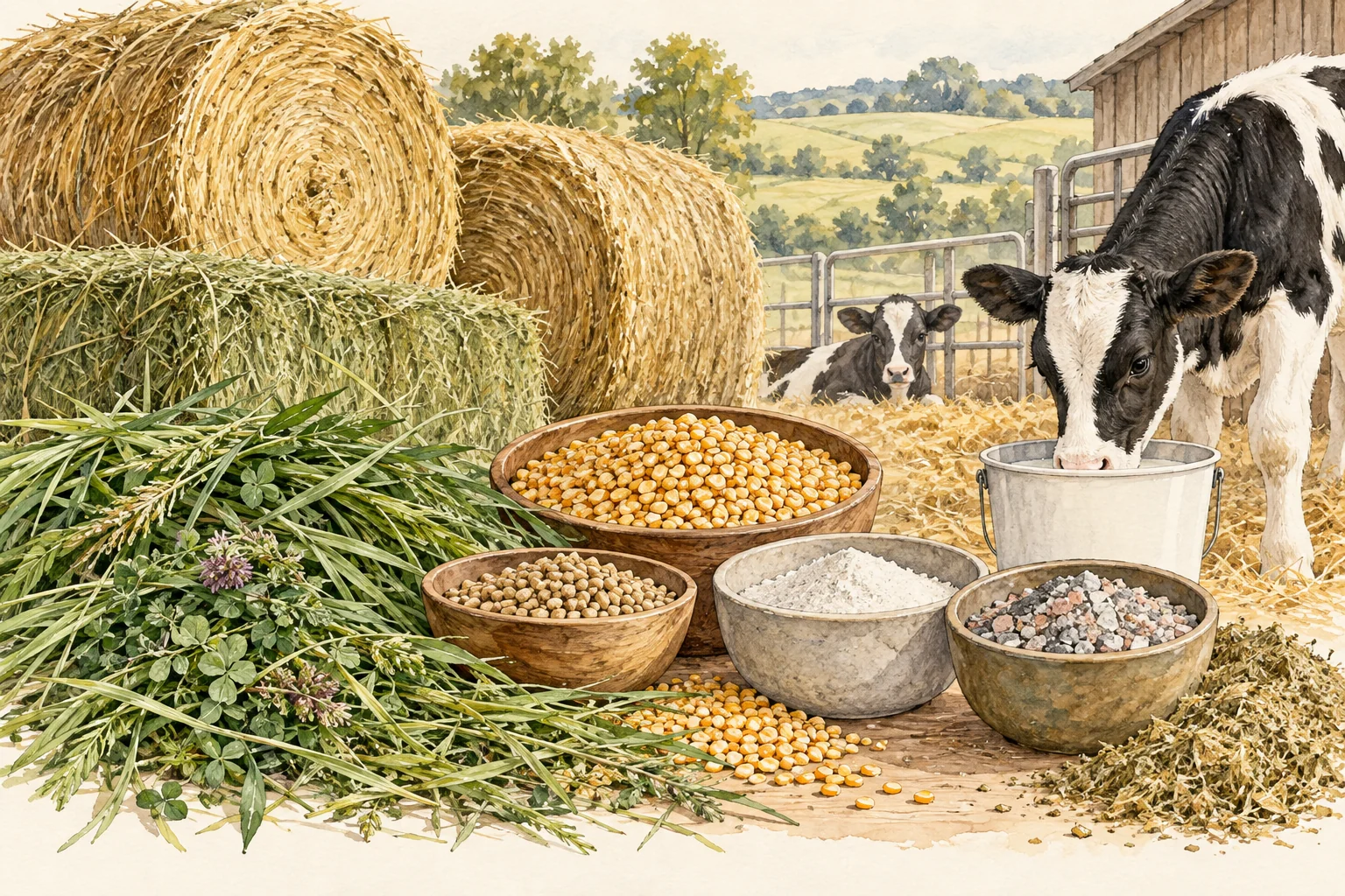 Watercolor illustration of feed, forage & calf nutrition materials.