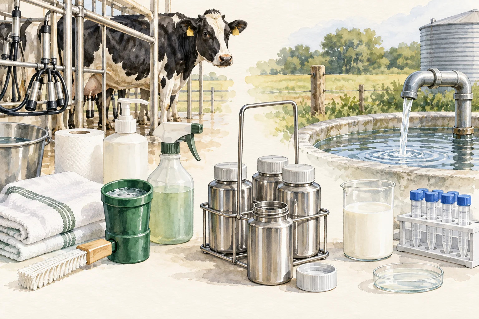 Watercolor illustration of milking, milk quality & farm water materials.