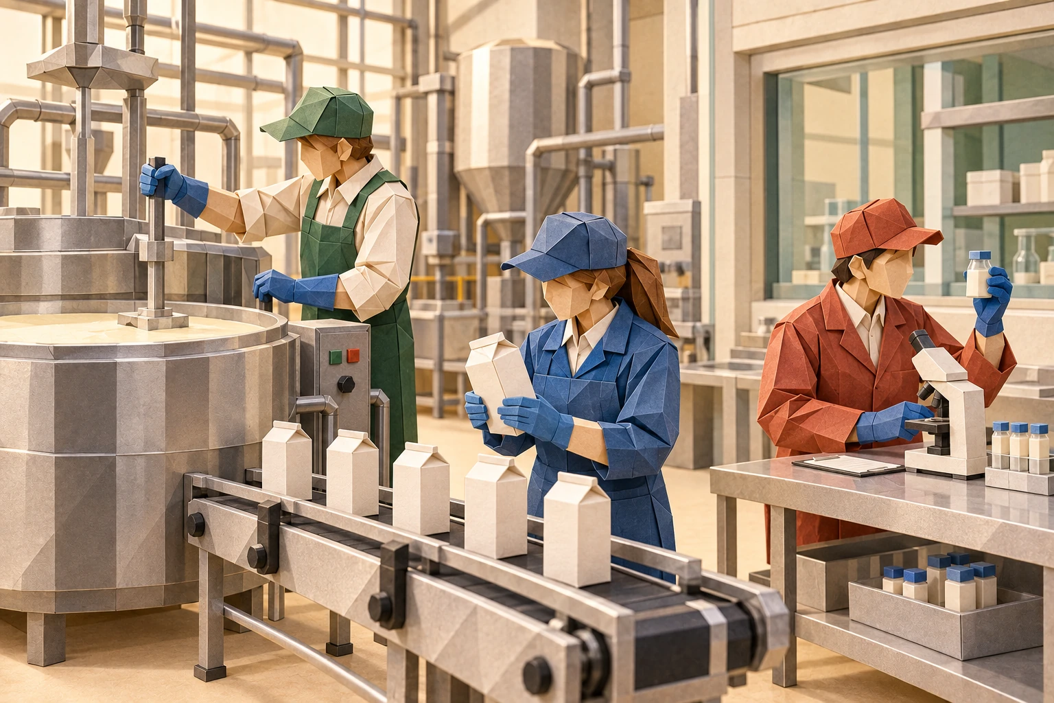 Origami illustration of run dairy plants, quality & hygiene