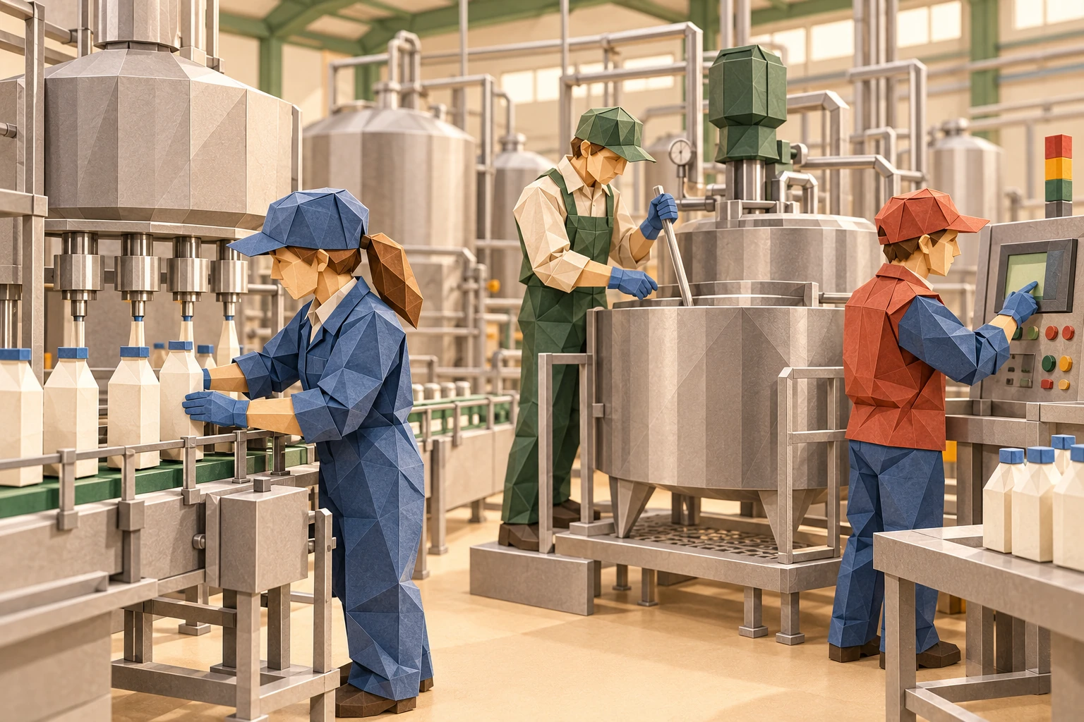 Origami illustration of professional dairy plant operations team