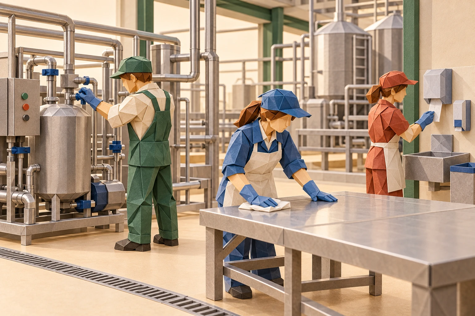 Origami illustration of professional dairy hygiene team