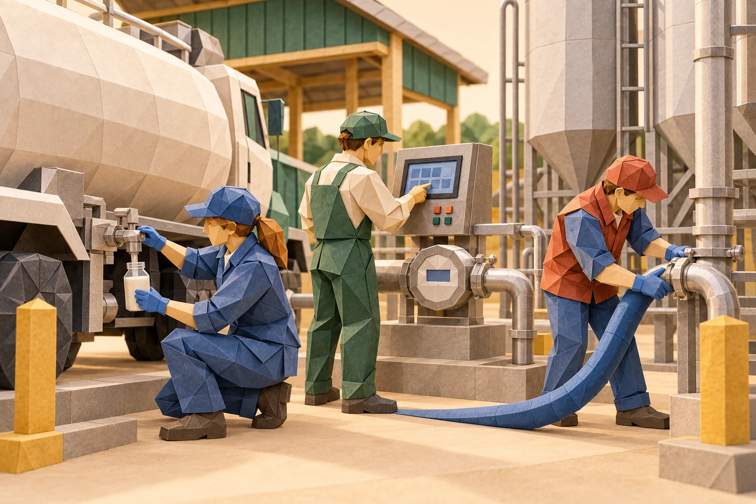 Origami illustration of professional milk reception team