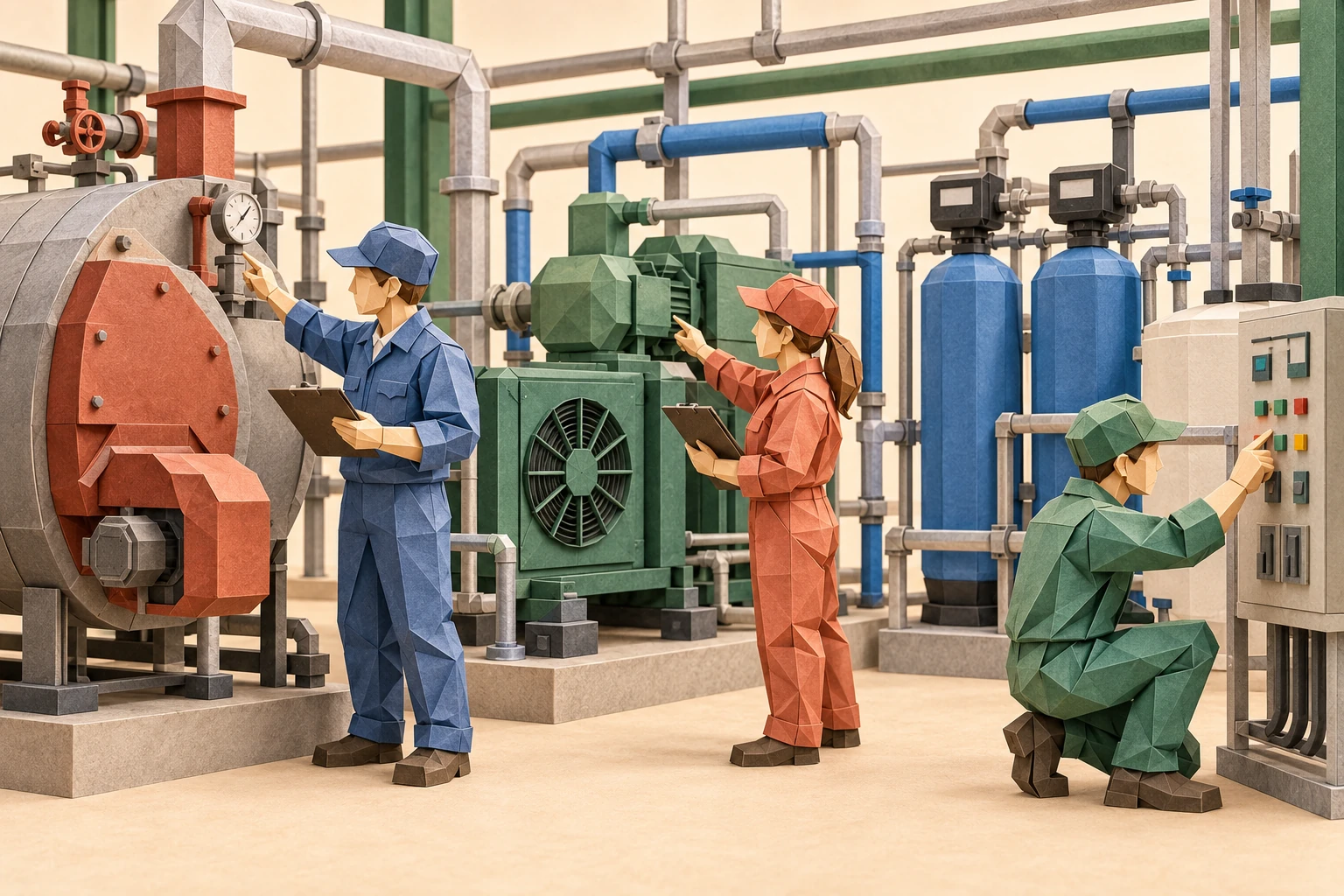 Origami illustration of professional factory utilities team