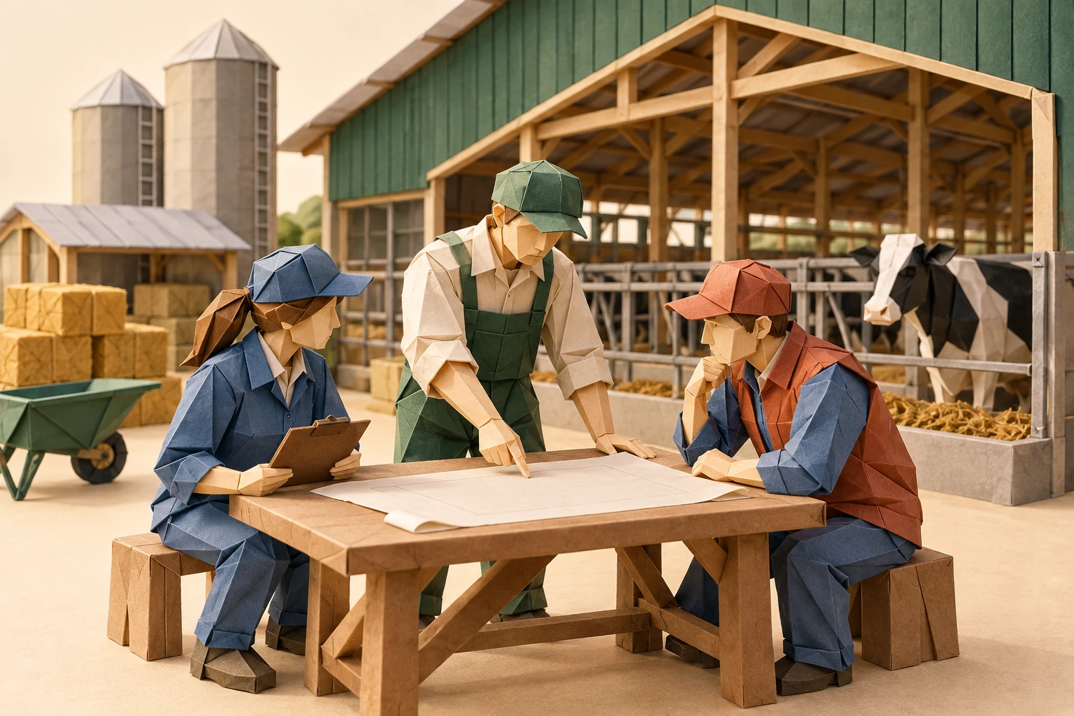 Origami illustration of professional farm management team