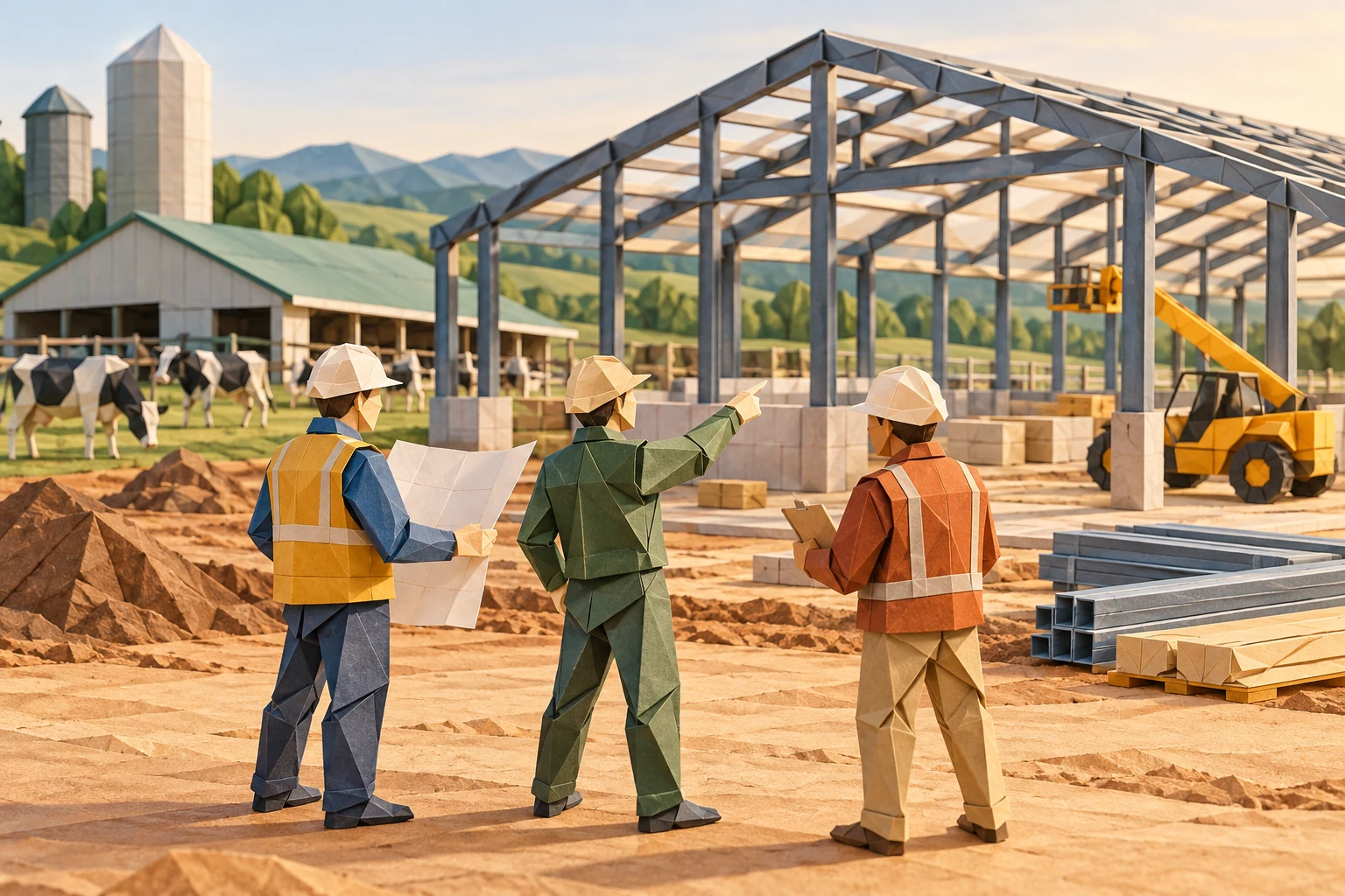 Origami illustration of professional farm construction management team