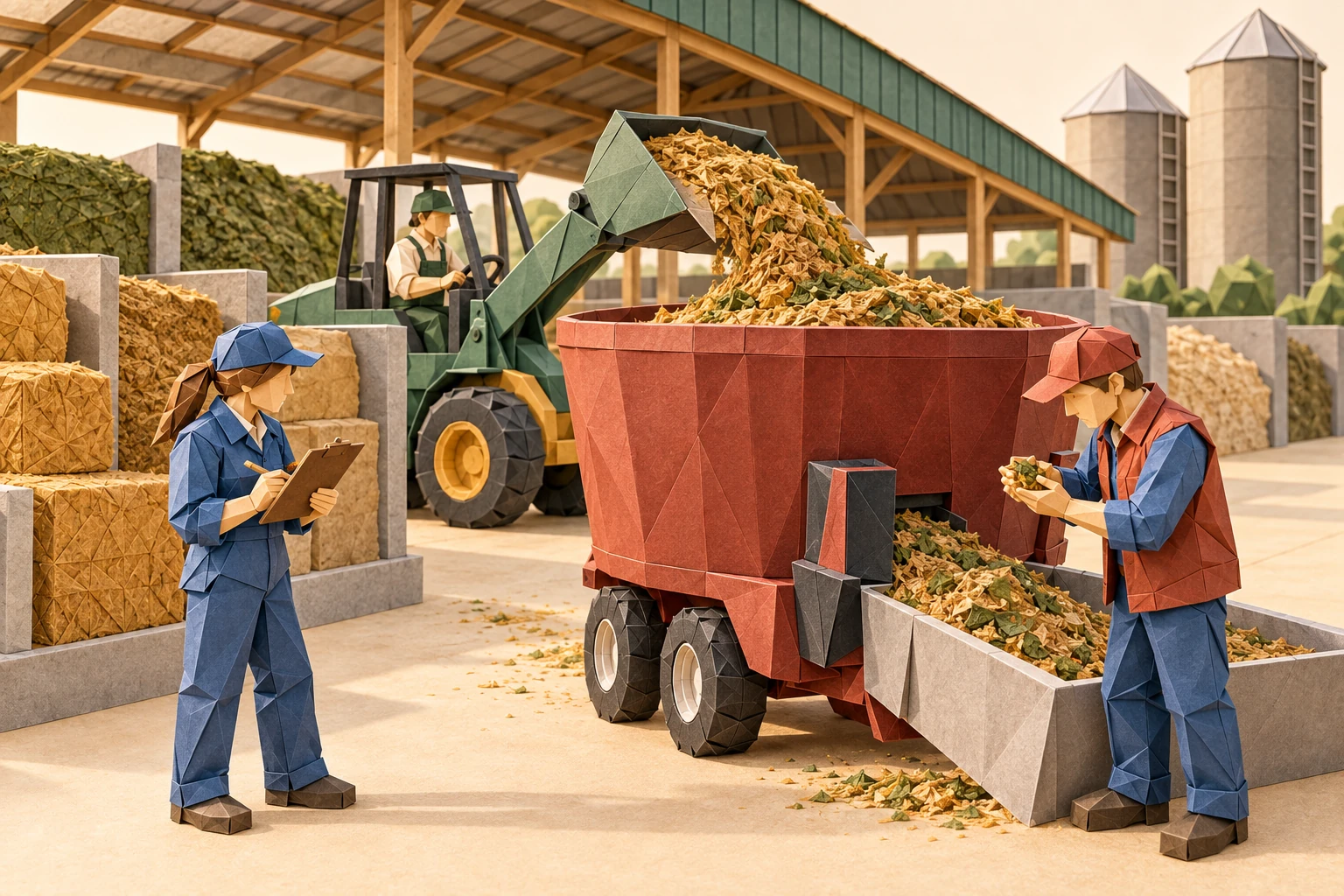 Origami illustration of professional feed center team