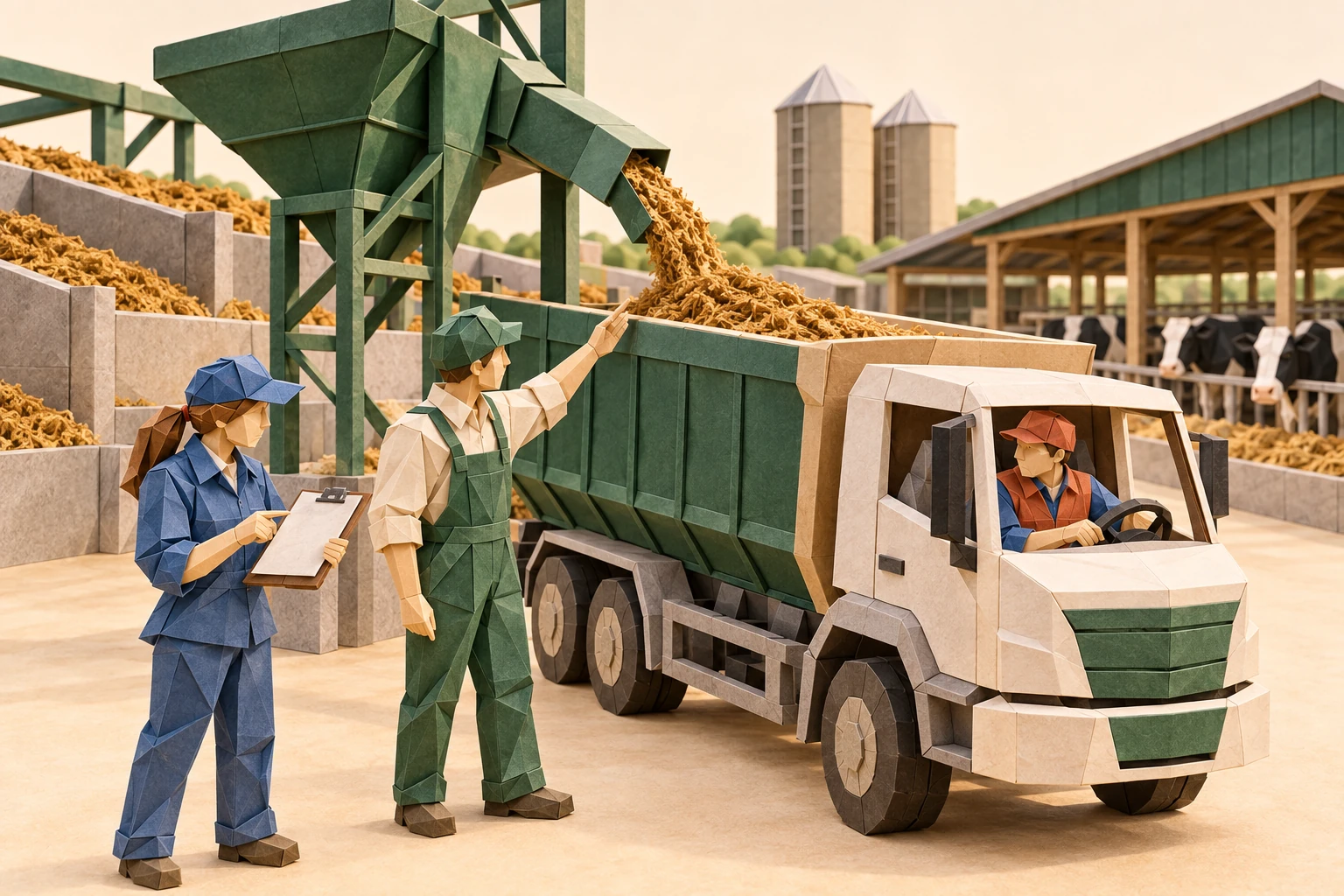 Origami illustration of professional feed distribution team