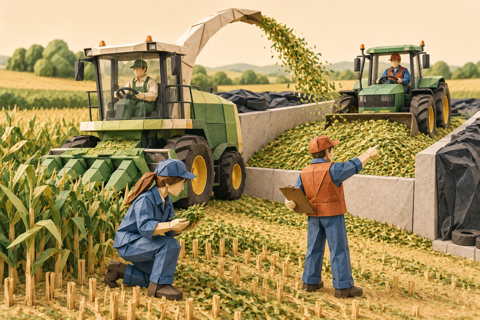 Origami illustration of professional silage production team